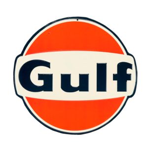 orange and white shaped sign with word GULF in blue