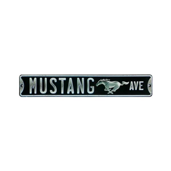 long black street sign with mustang