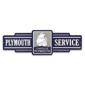 blue and white shaped sign with a ship and Plymouth service written on it