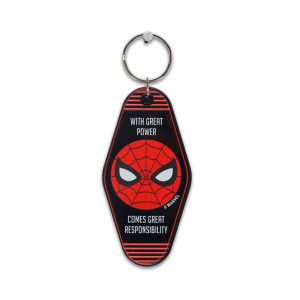 diamond shape red and black keychain with Spiderman image