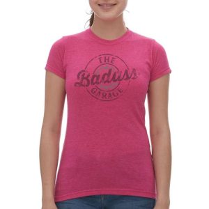woman wearing t-shirt with The Badass Garage distressed logo on front