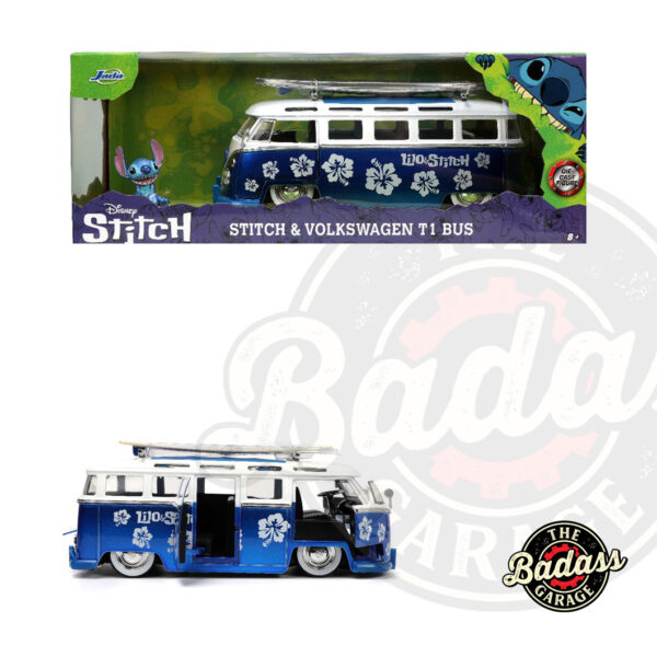 Jada 1/24 Scale " Hollywood Rides" 1962 VW Bus With Lilo & Stitch - Metallic Blue and White Diecast Metal Collectible Model Car