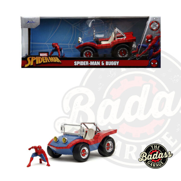 Jada 1/24 Scale "Hollywood Rides" Spider-Man Buggy with Spider-Man Figure - Red and Blue Diecast Metal Collectible Model Car
