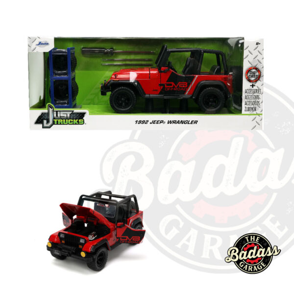 Jada 1/24 Scale "Just Trucks" 1992 Jeep Wrangler With Tire Rack - Red and Black Diecast Metal Collectible Model Car