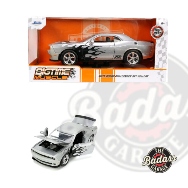 Jada 1/24 Scale "BIGTIME Muscle" 2015 Dodge Challenger SRT Hellcat - Metallic Silver and Ombre Black Flames Diecast Metal Collectible Model Car