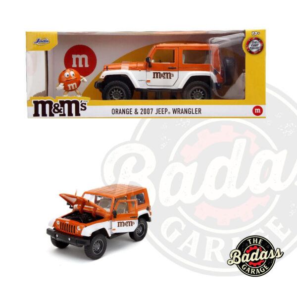 Jada 1/24 Scale "Hollywood Rides" 2007 Jeep Wrangler with Orange M&M Figure - Orange and White Diecast Metal Collectible Model Jeep