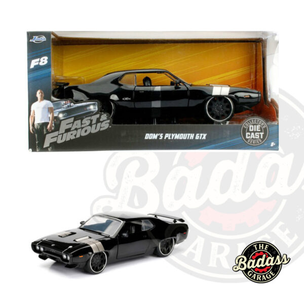 Jada 1/24 Scale "Fast & Furious" Dom's Plymouth GTX - Black with Grey Side Stripes Diecast Metal Collectible Model Car