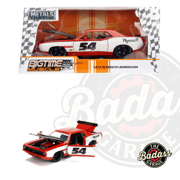Jada 1/24 Scale "BIGTIME Muscle" 1973 Plymouth Barracuda Racing - Red with White Side Diecast Metal Collectible Model Car
